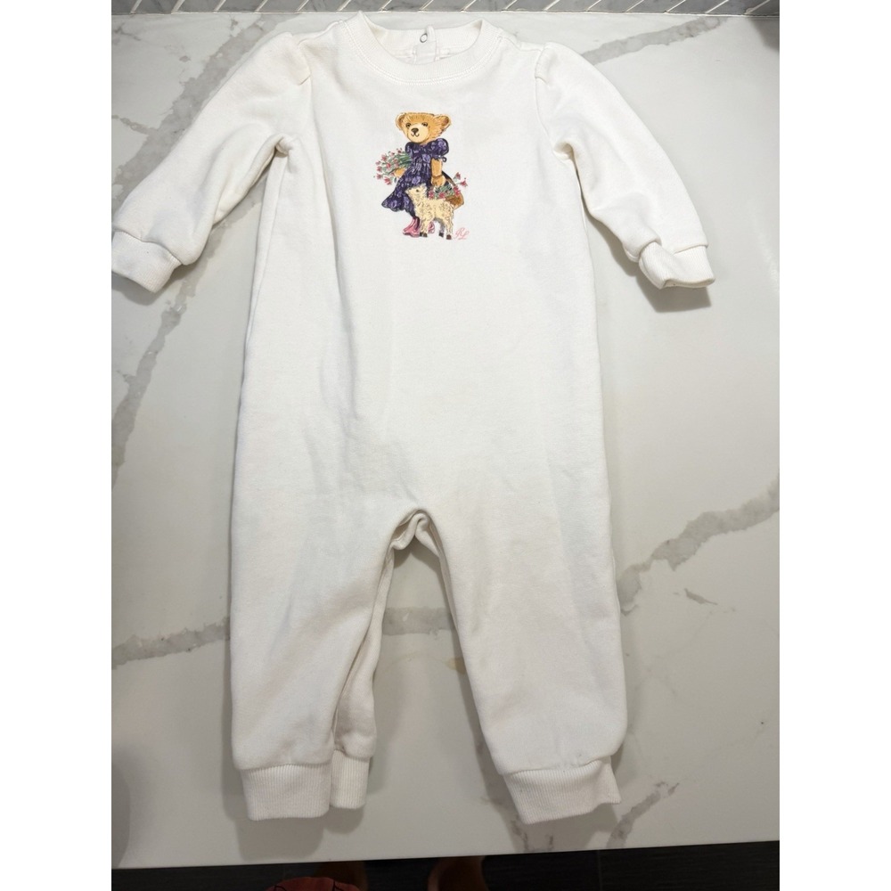 Ralph Lauren Fleece Polo Bear One Piece Bodysuit 9 Months Bear W Goat Flowers